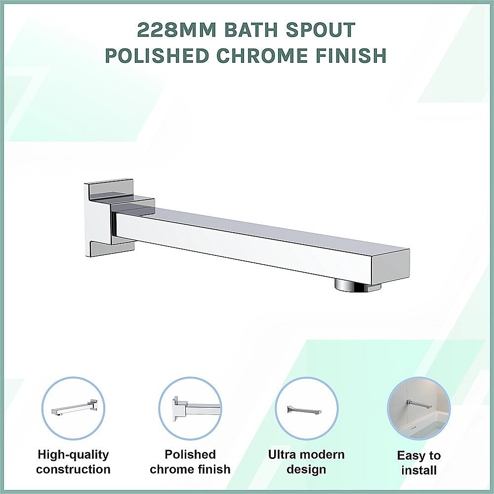Polished chrome bath spout with wall mount and squared spout profile