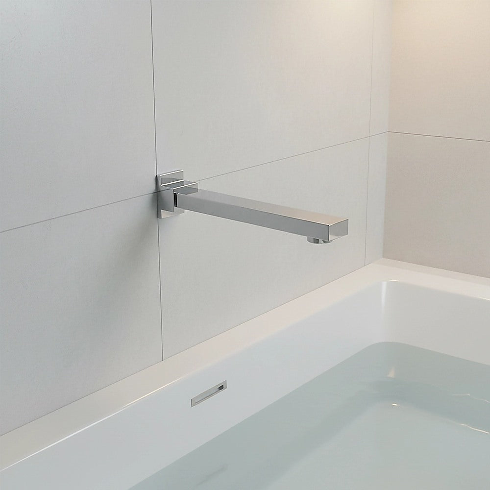 Polished chrome bath spout mounted on tiled wall with rectangular spout bar