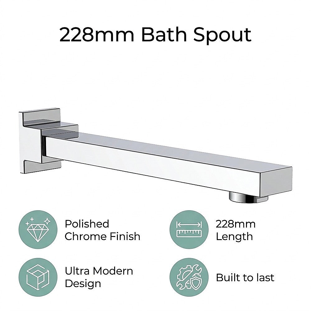 Polished chrome bath spout with slim rectangular outlet and square mounting