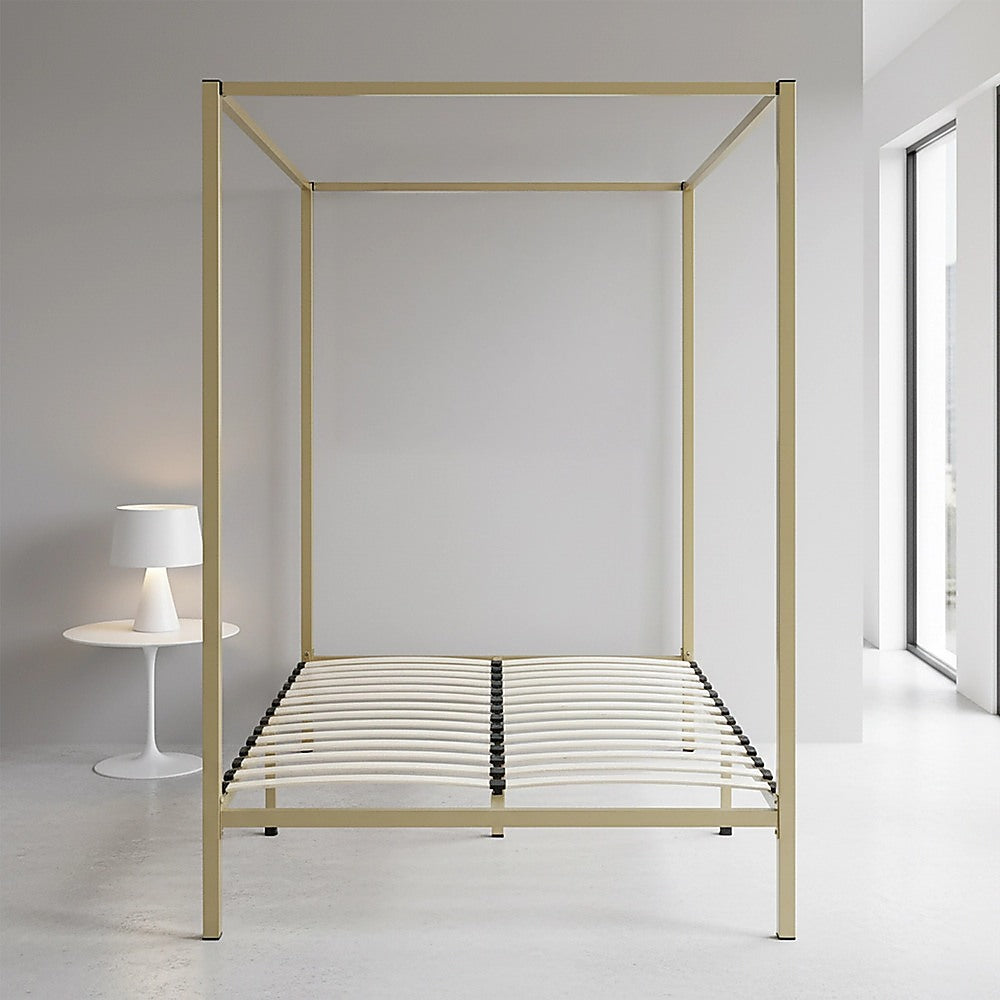 Four-poster double bed frame with light wood posts and striped slatted base