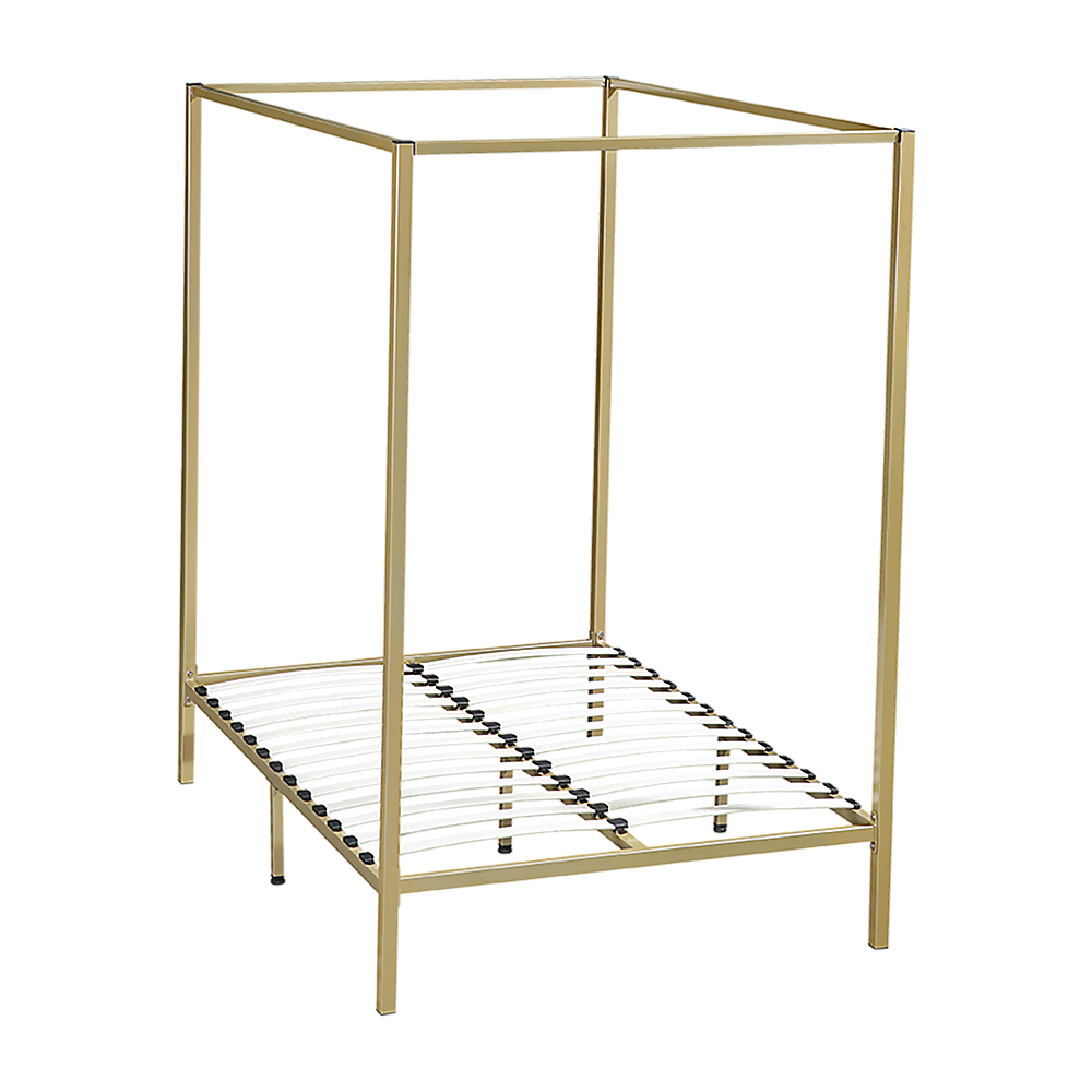 Four-poster double bed frame with gold metal posts and slatted base