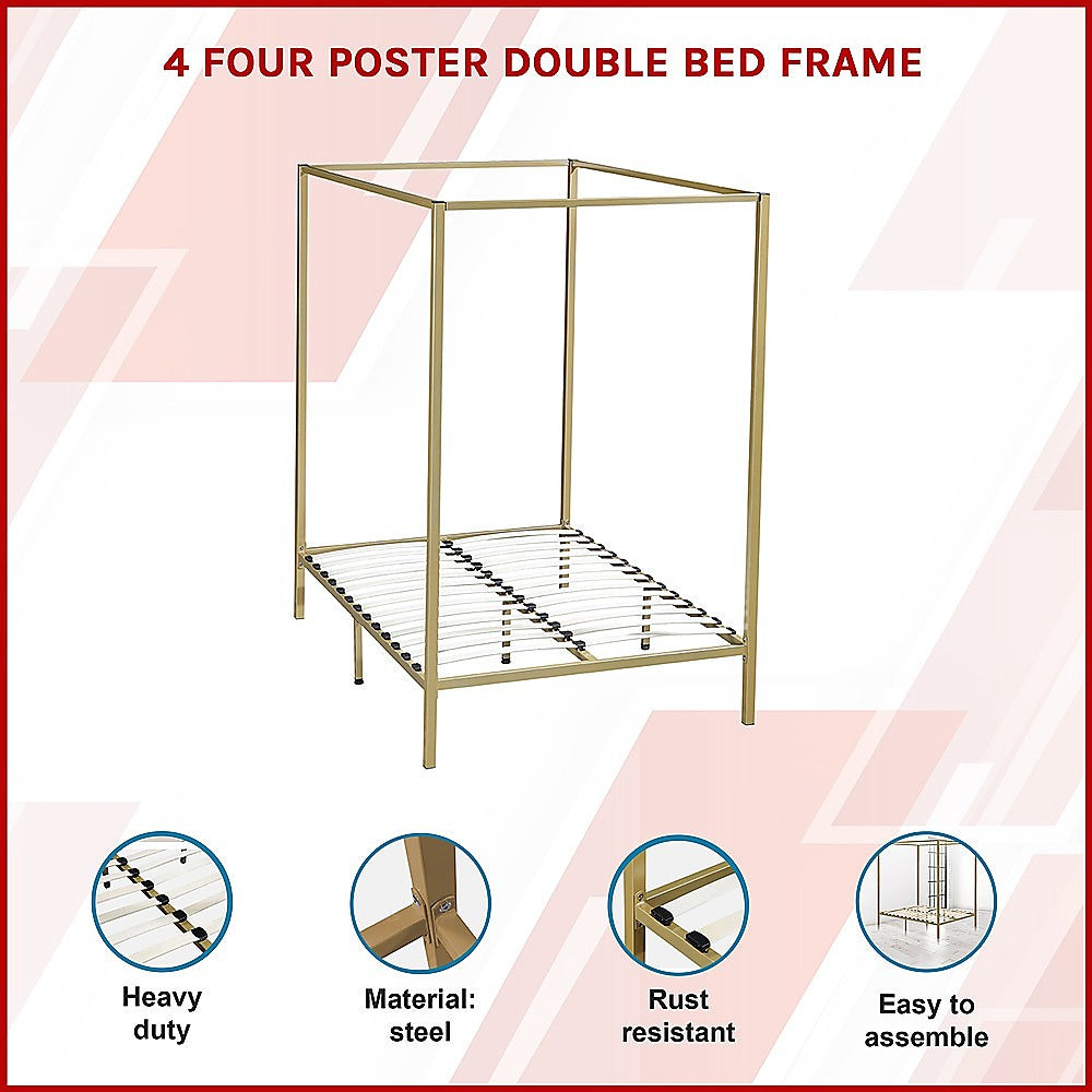 Four-poster double bed frame with gold steel posts and slatted platform