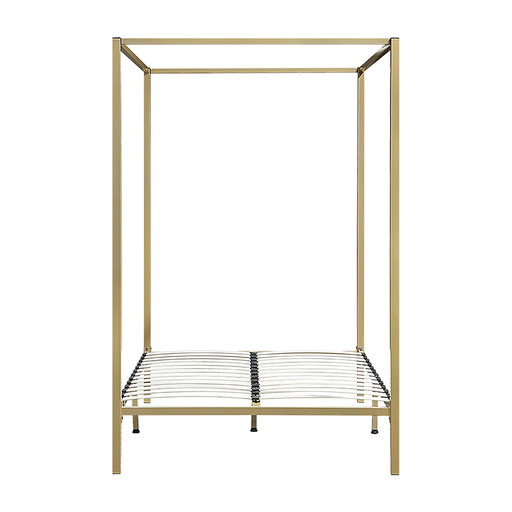 Four-poster double bed frame with gold metal posts and slatted mattress base
