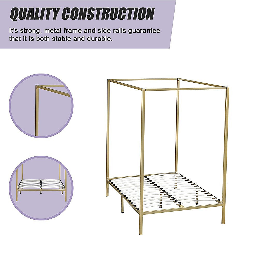 Four-poster bed frame with gold metal rails and slatted platform