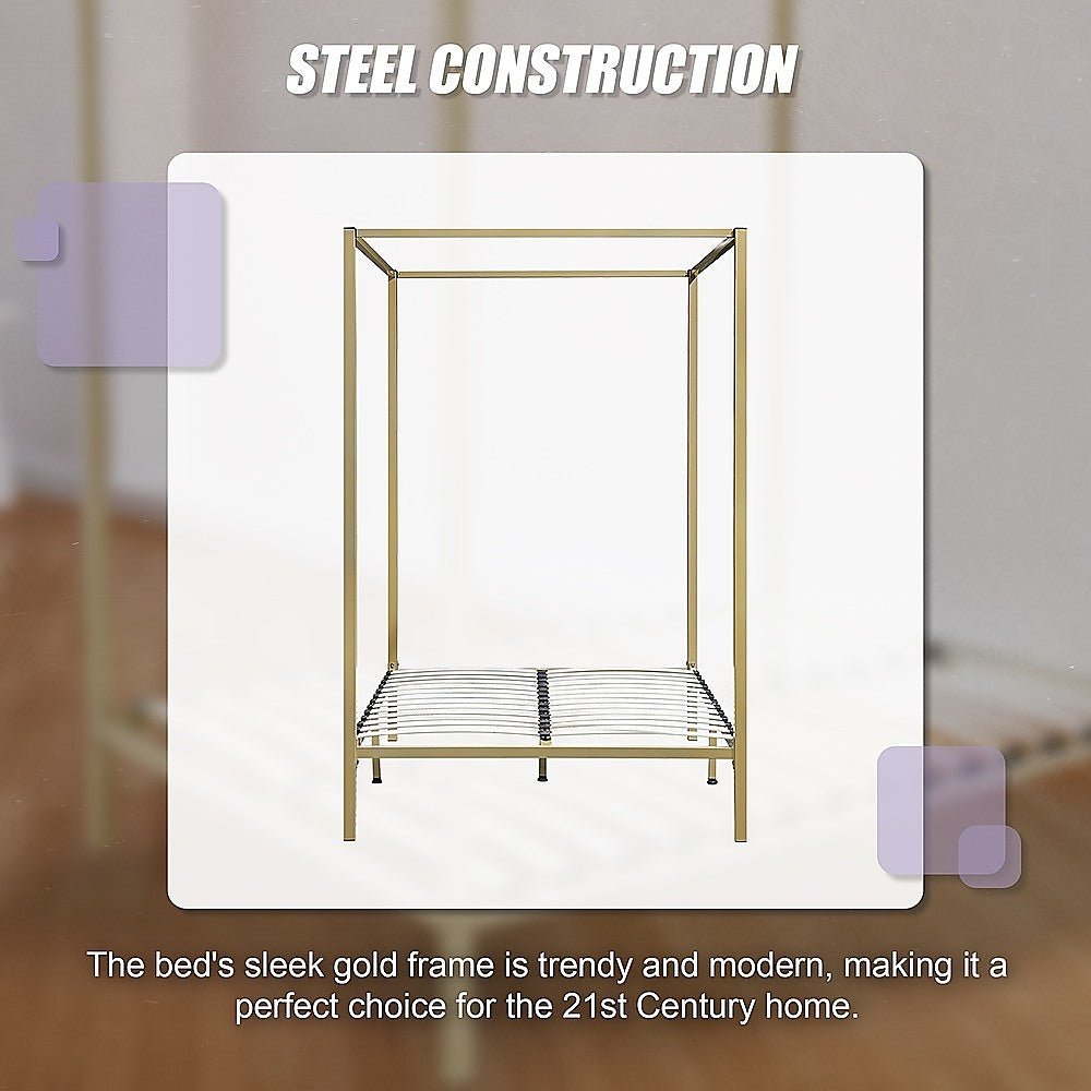 Four-poster double bed frame with gold steel frame and slatted base