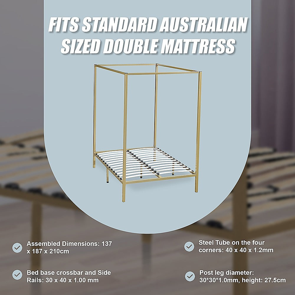 Four-poster double bed frame with gold frame and slatted base rails