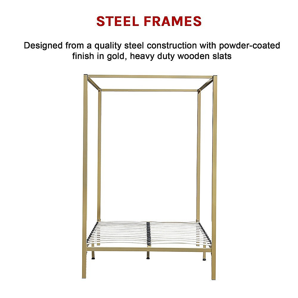 Four-poster double bed frame with gold steel frame and wooden slats
