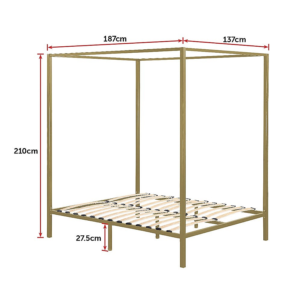 Four-poster double bed frame with gold posts and slatted platform