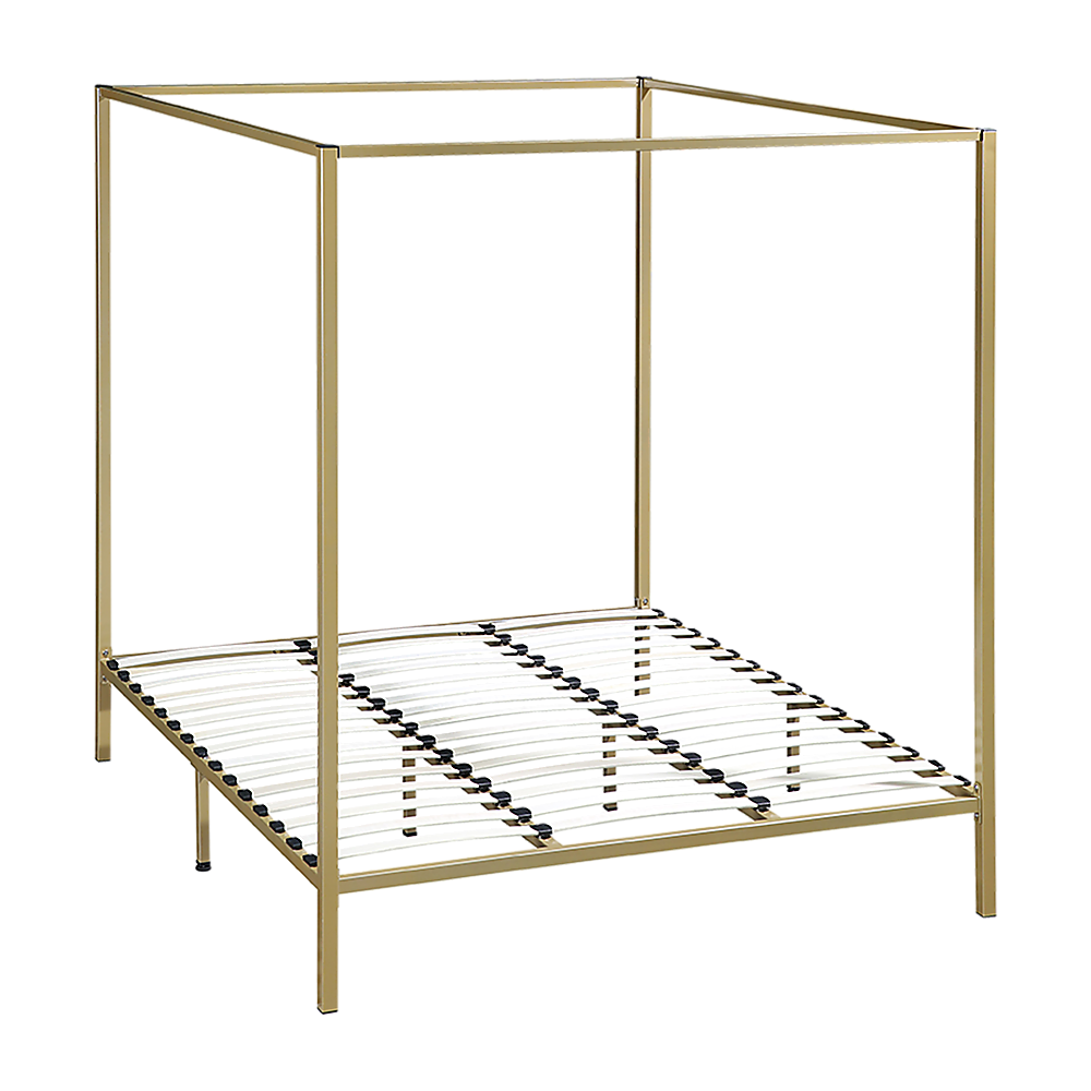 Four-poster king bed frame with gold metal posts and slatted platform deck.