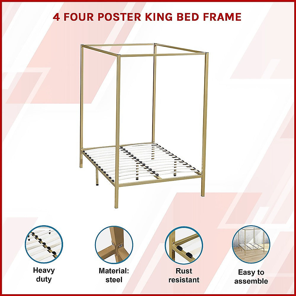 Four-poster king bed frame with gold posts and white slat support platform.