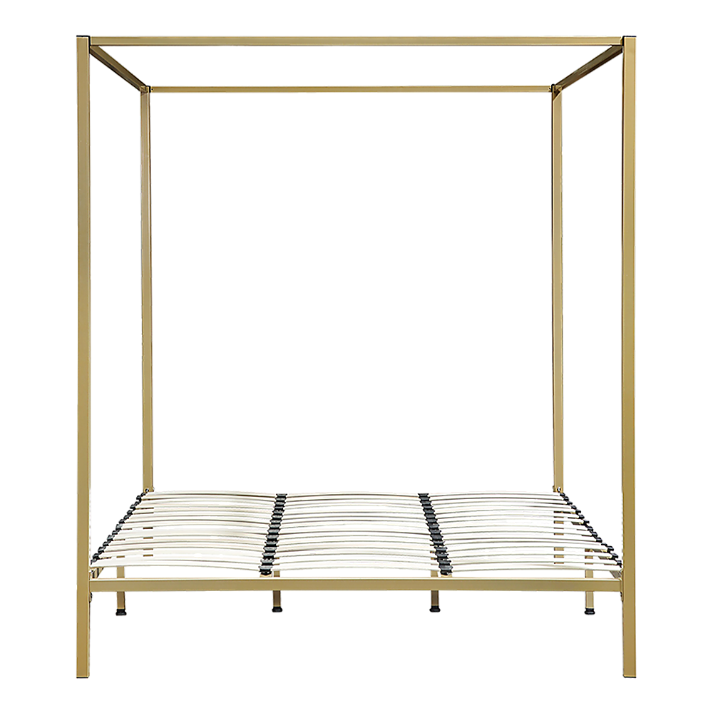 Four-poster king bed frame with gold frame and slatted base platform.