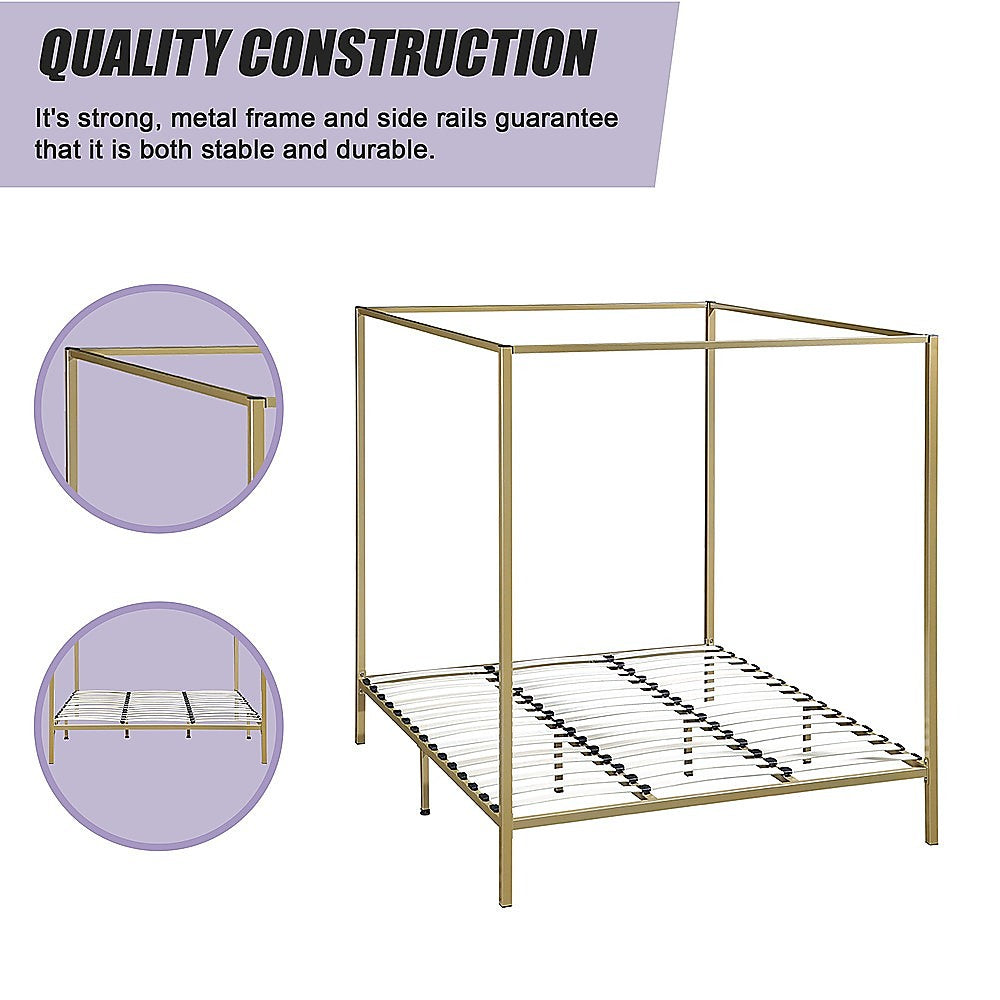 Four-poster king bed frame with gold metal rails and white slat support deck.