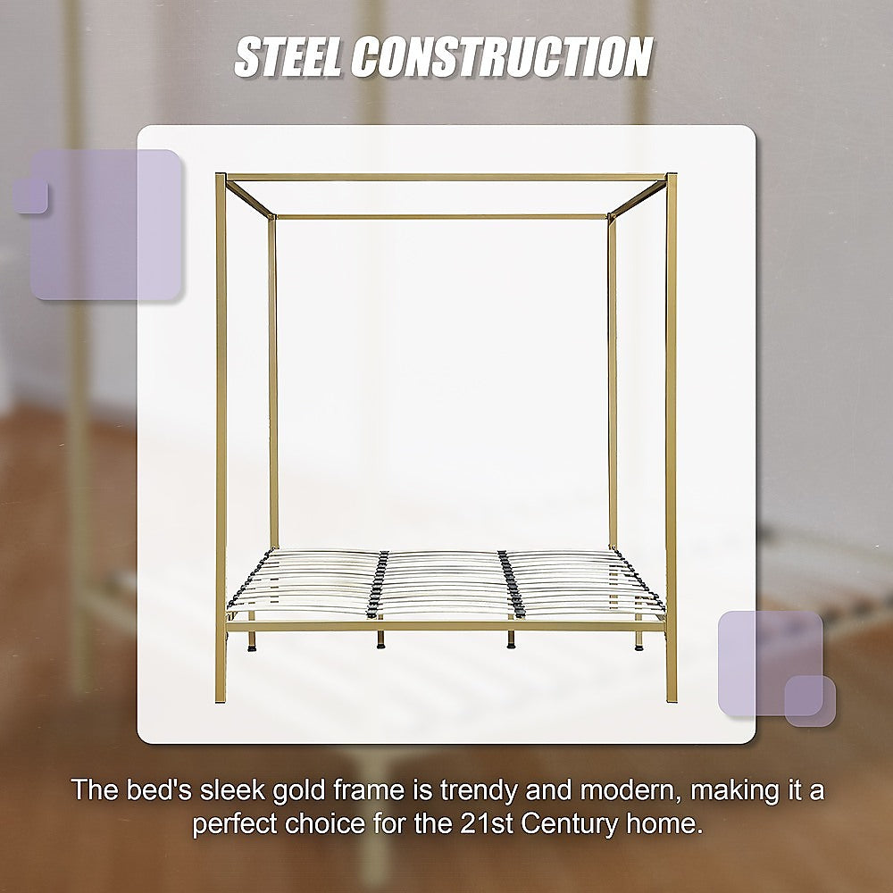 Four-poster king bed frame with gold steel frame and slatted bed base.