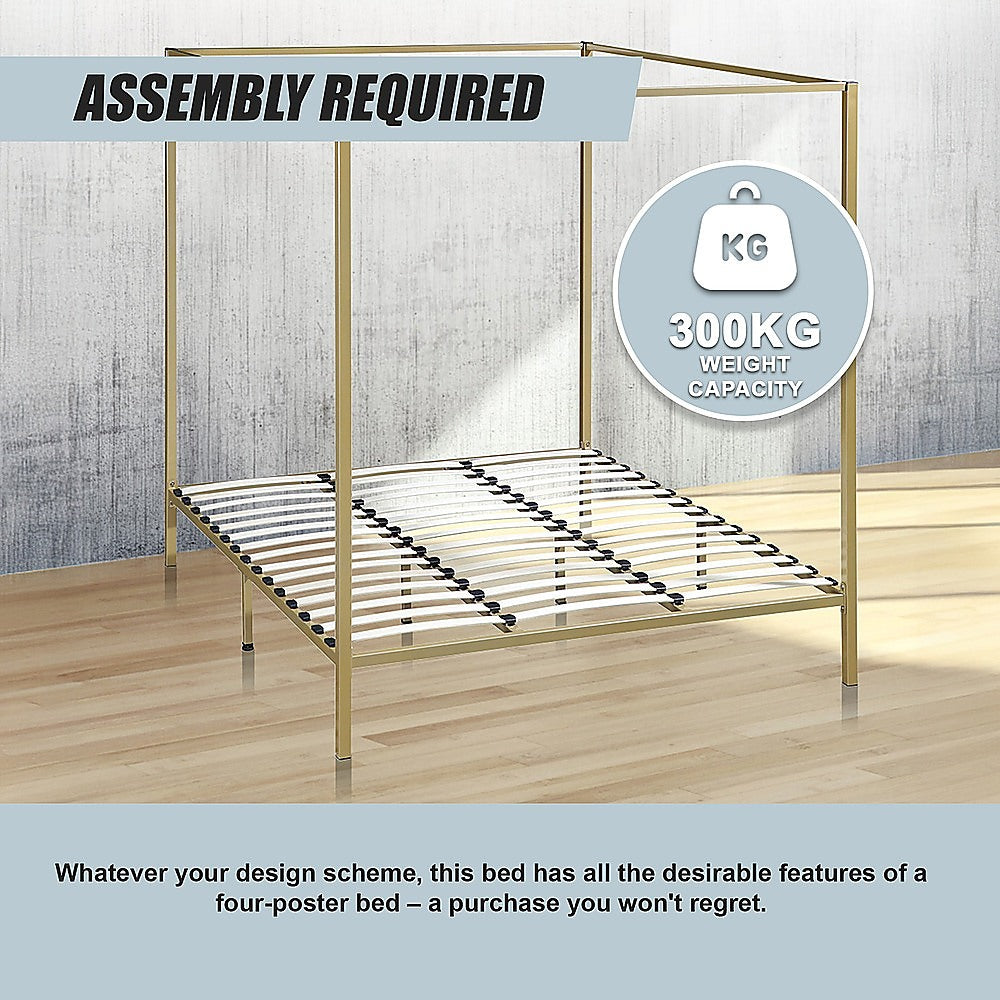 Four-poster king bed frame with gold frame, slatted rails, and corner posts.