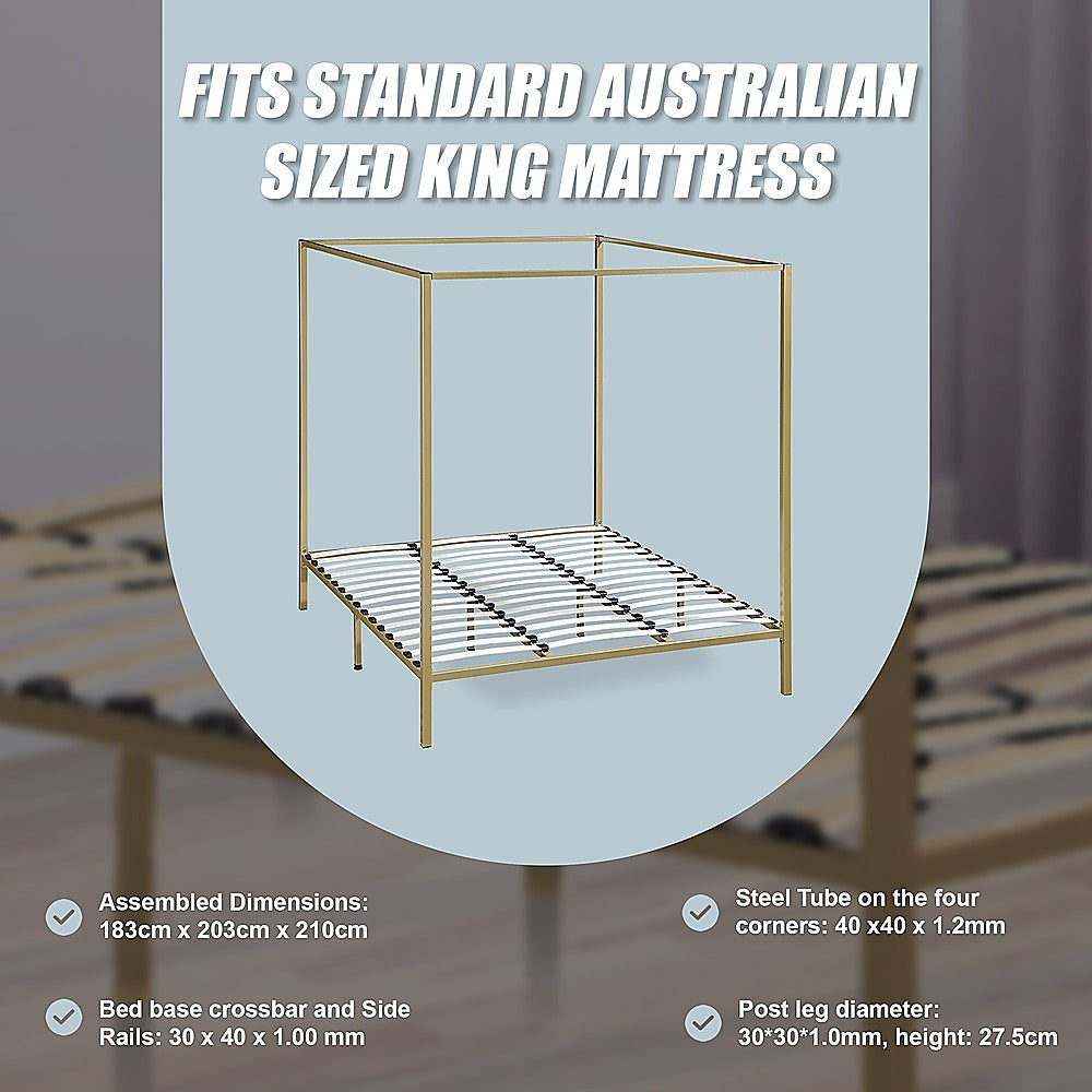 Four-poster king bed frame with gold posts and slat grid base platform.