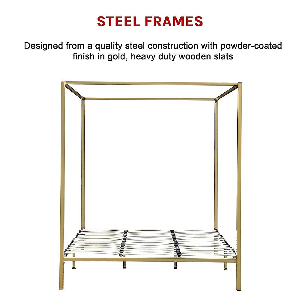 Four-poster king bed frame with gold steel frame and wooden slat support.