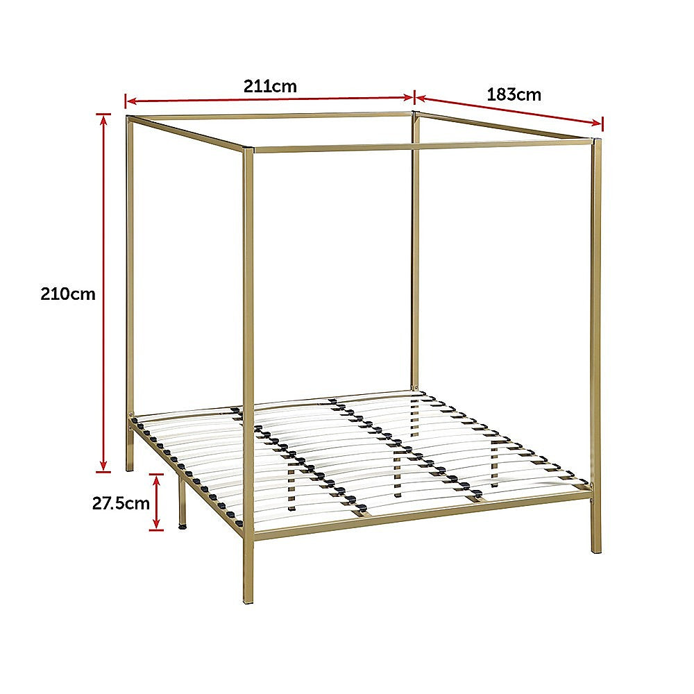 Four-poster king bed frame with gold posts and slatted platform base.