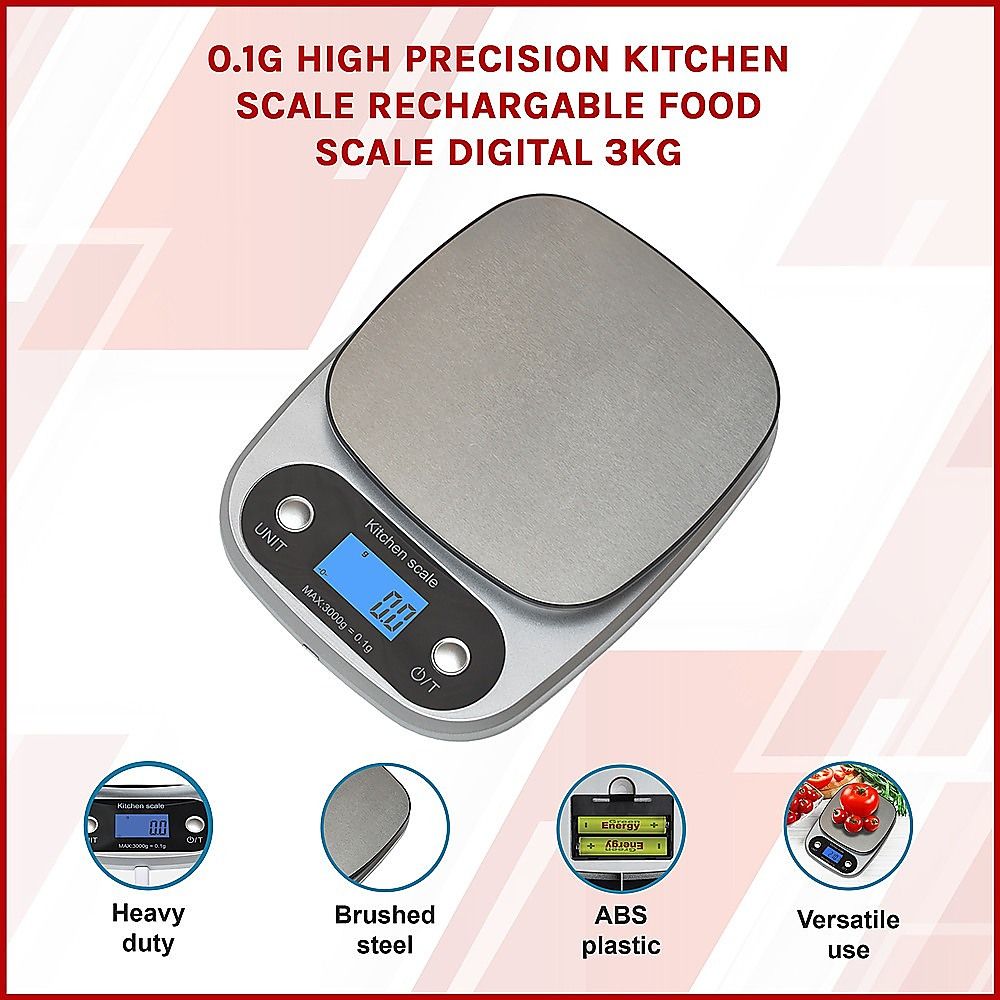 0.1g Digital Kitchen Scale 3kg Rechargeable High Precision Food Bedworld