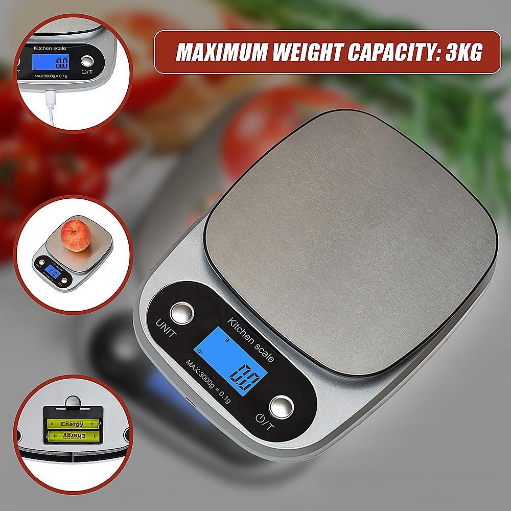 0.1g Digital Kitchen Scale 3kg Rechargeable High Precision Food Bedworld