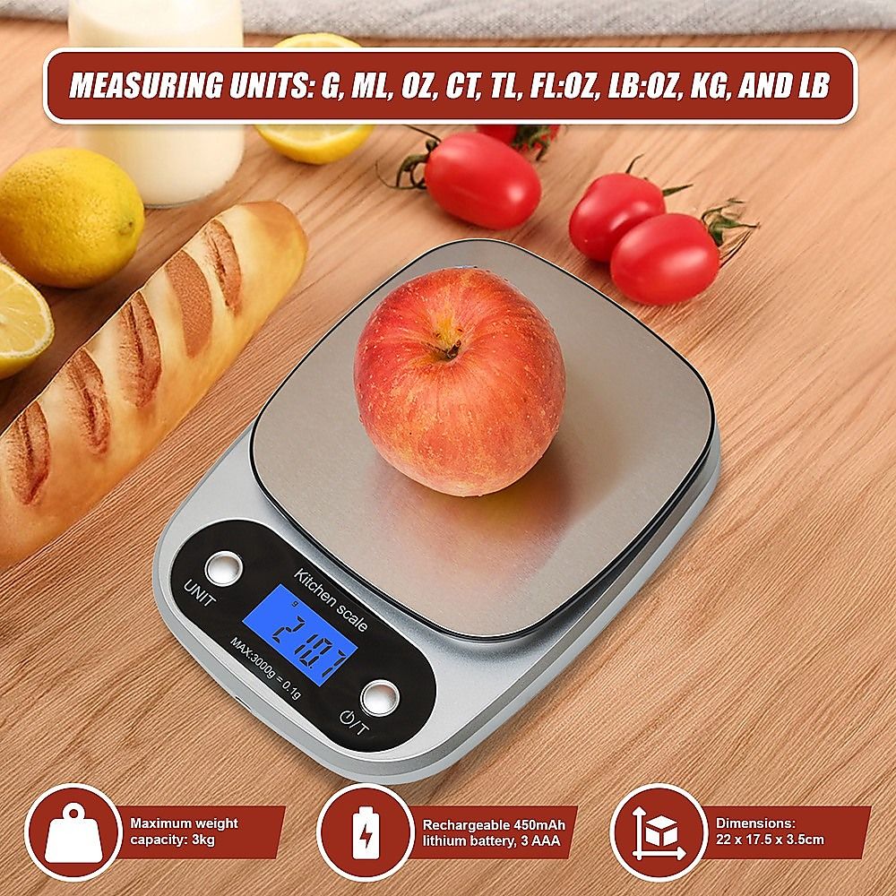 0.1g Digital Kitchen Scale 3kg Rechargeable High Precision Food Bedworld