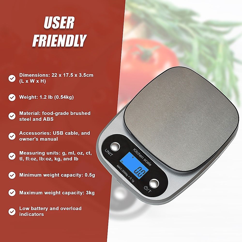 0.1g Digital Kitchen Scale 3kg Rechargeable High Precision Food Bedworld