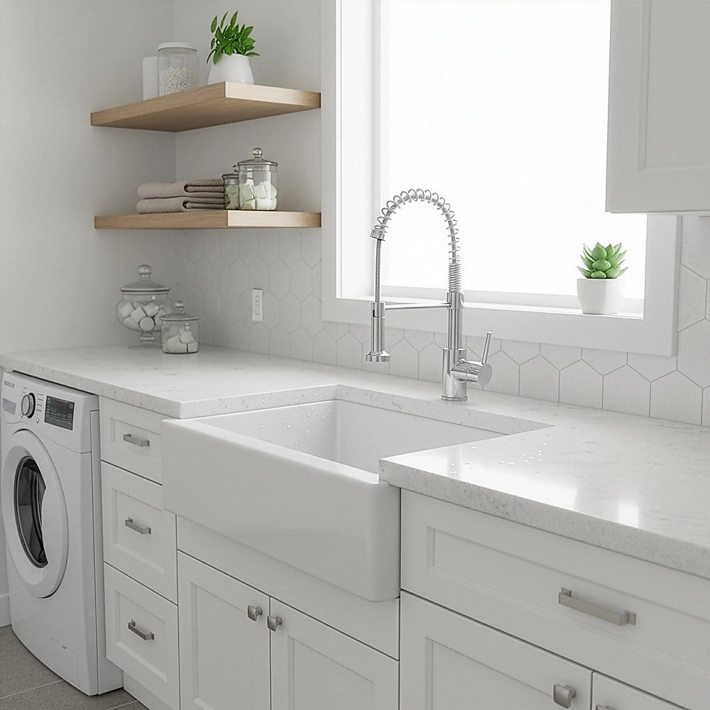 Kitchen and laundry sink faucet with pull-down sprayer, chrome finish, two handles