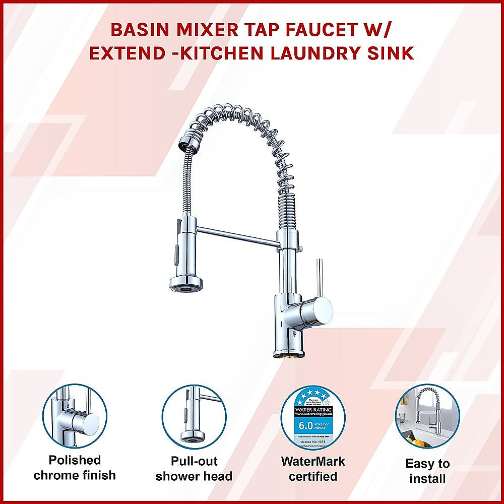 Chrome kitchen mixer tap with pull-out shower head and extendable flexible hose