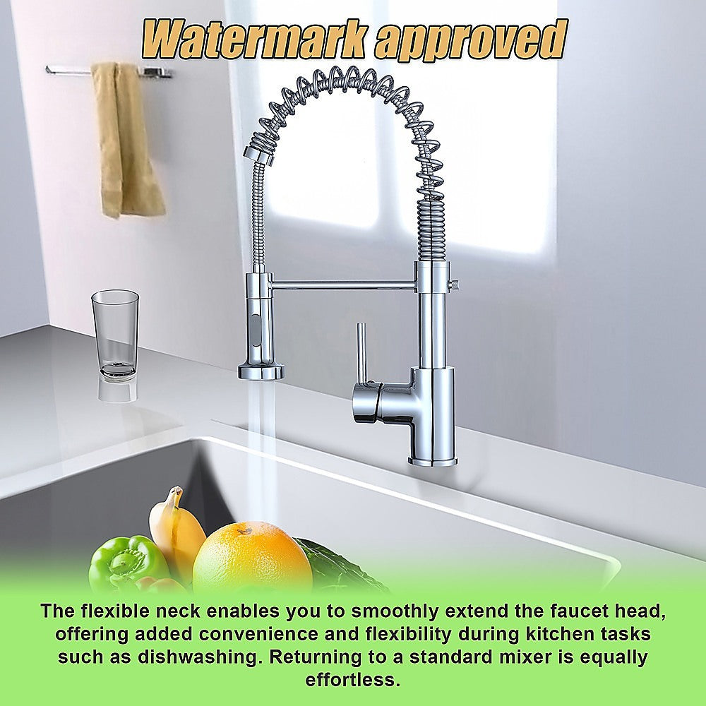 Chrome basin mixer tap with pull-out shower head and flexible coiled hose