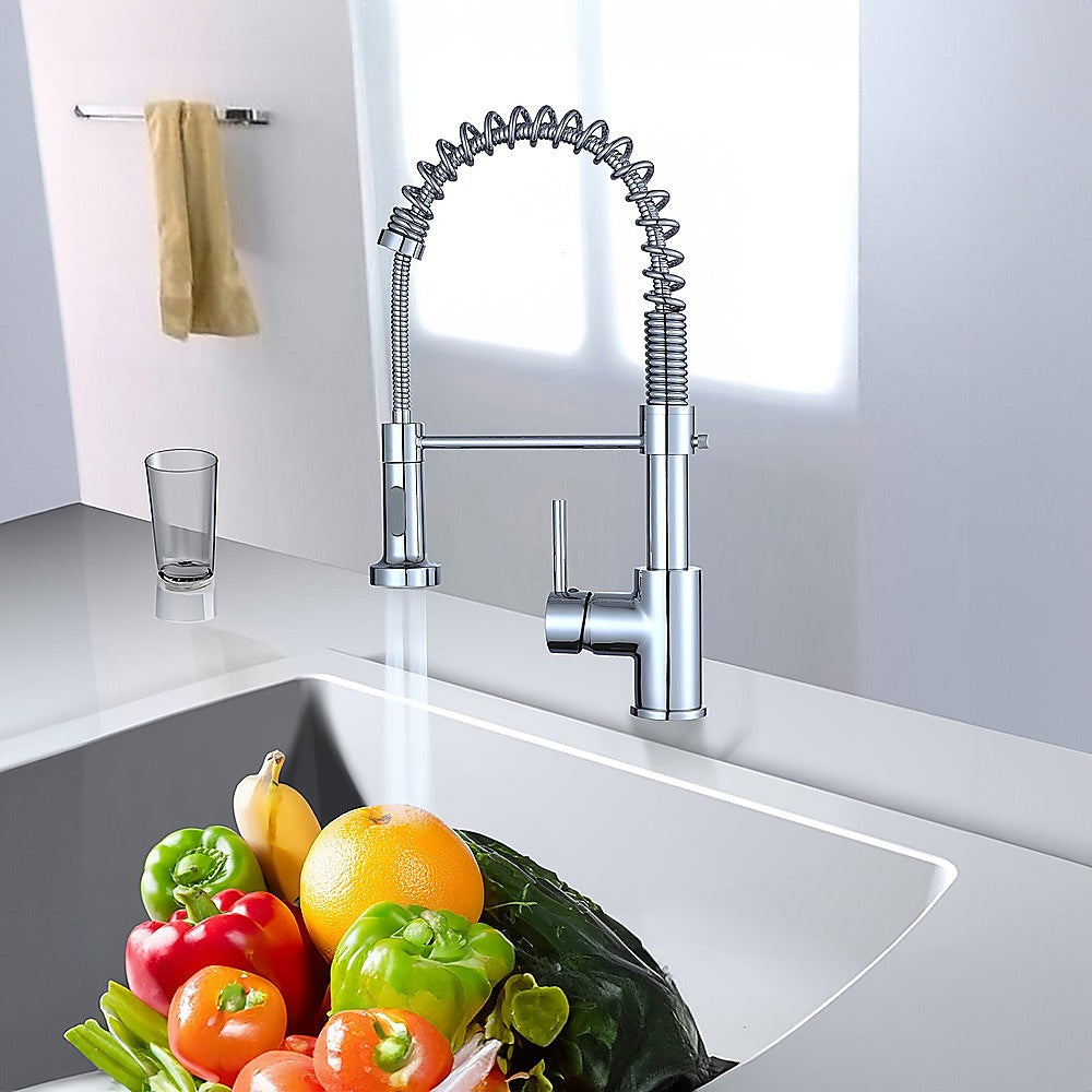 Chrome basin mixer tap with pull-out shower head and side control lever