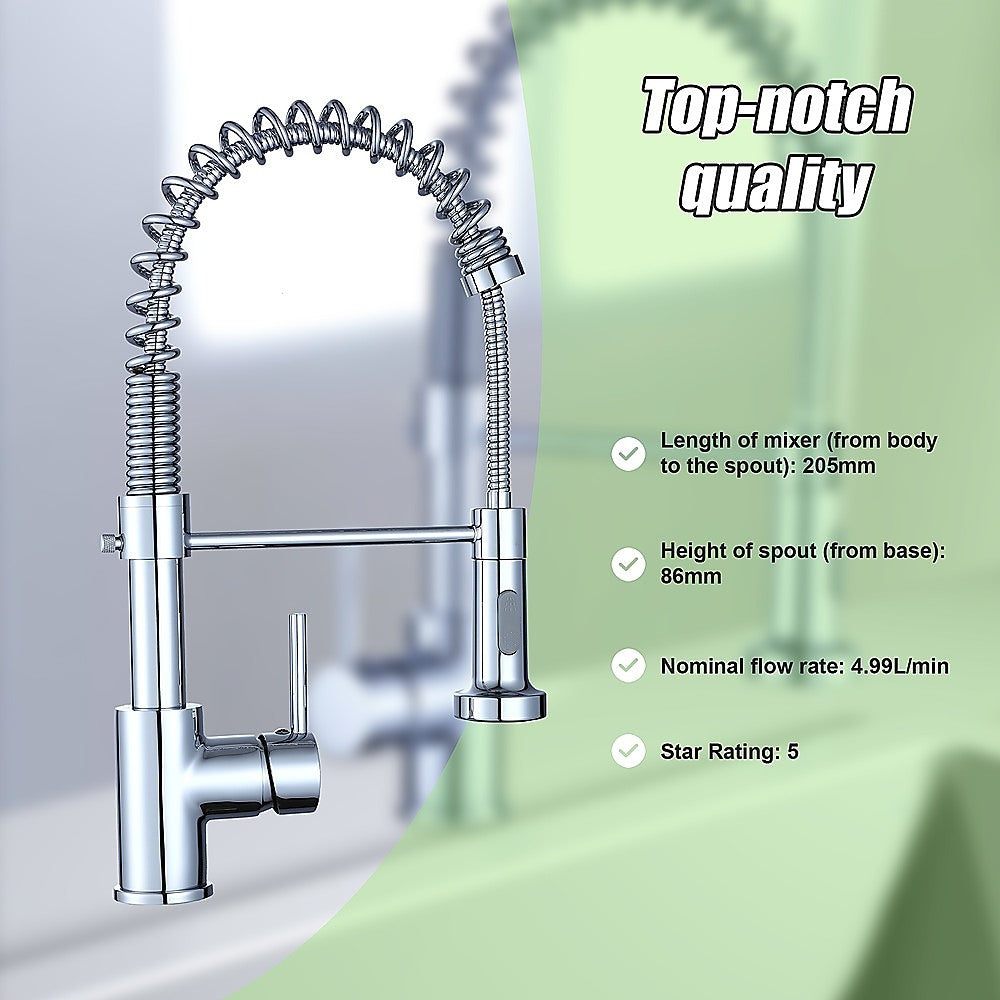 Chrome basin mixer tap with flexible coiled hose and pull-out spray head