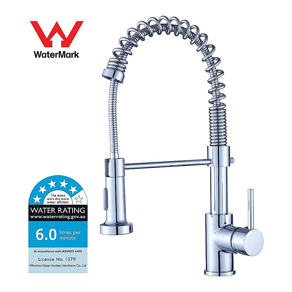 Chrome basin mixer tap with flexible coiled hose, pull-out spray head, WaterMark rated