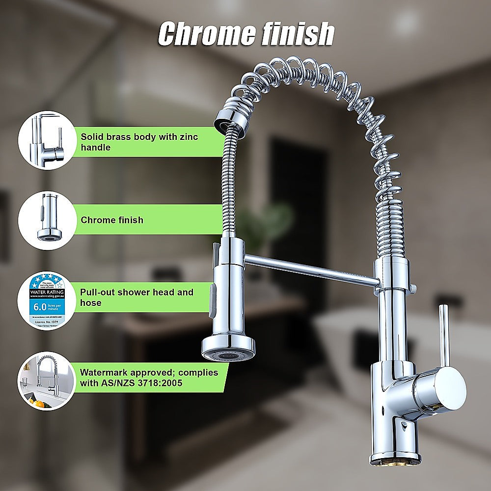 Chrome basin mixer tap with pull-out spray head, solid brass body, zinc handle