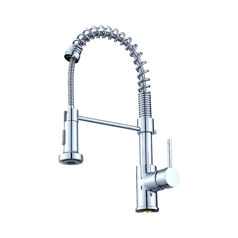 Chrome basin mixer tap with extended flexible coiled hose and pull-out spray head