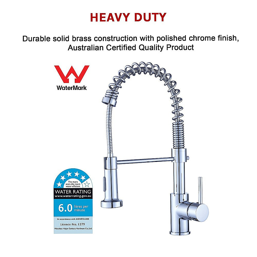 Chrome basin mixer tap with pull-out spray head; WaterMark rated, heavy duty brass build