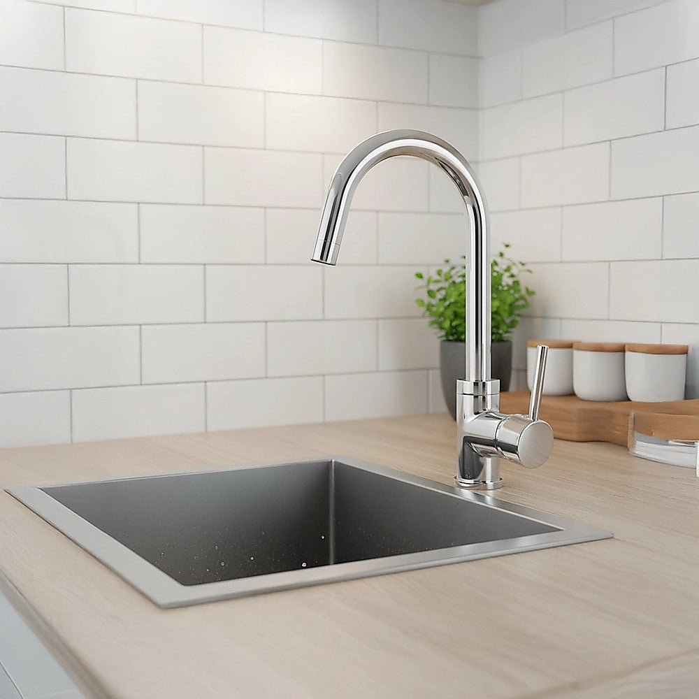 Stainless steel kitchen sink mixer tap faucet with arched spout and side handle