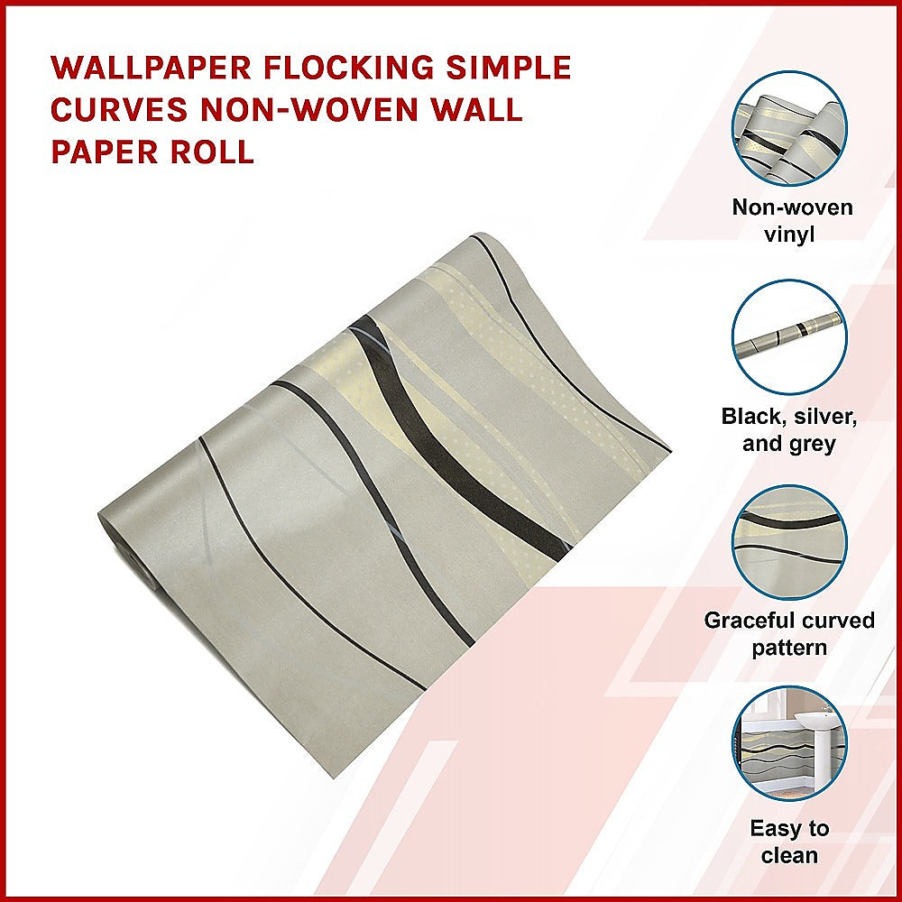 Non-woven wallpaper roll with graceful curved pattern in black, silver and gray