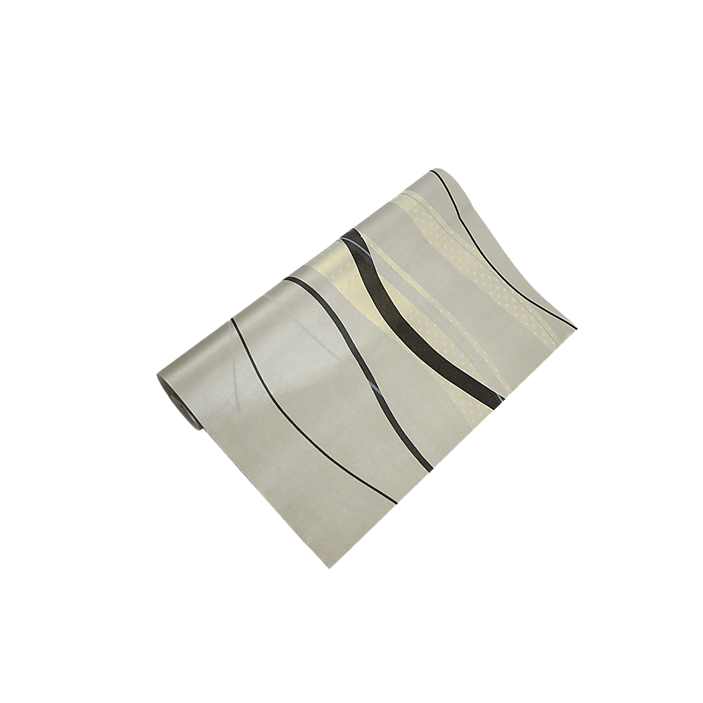 Non-woven wallpaper roll with curved stripe design in light gray, black and gold