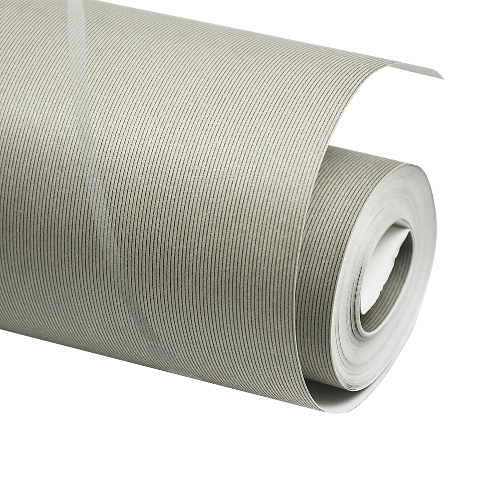 Coiled wallpaper roll in light gray with fine vertical ribbed texture on non-woven backing
