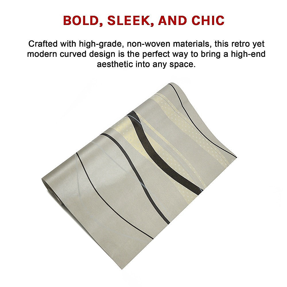 Non-woven wallpaper roll with curved stripes and dotted accents in light gray, black and gold