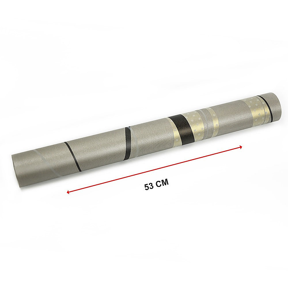 Wallpaper roll with curved stripe pattern; gray, black and gold design, 53 cm length
