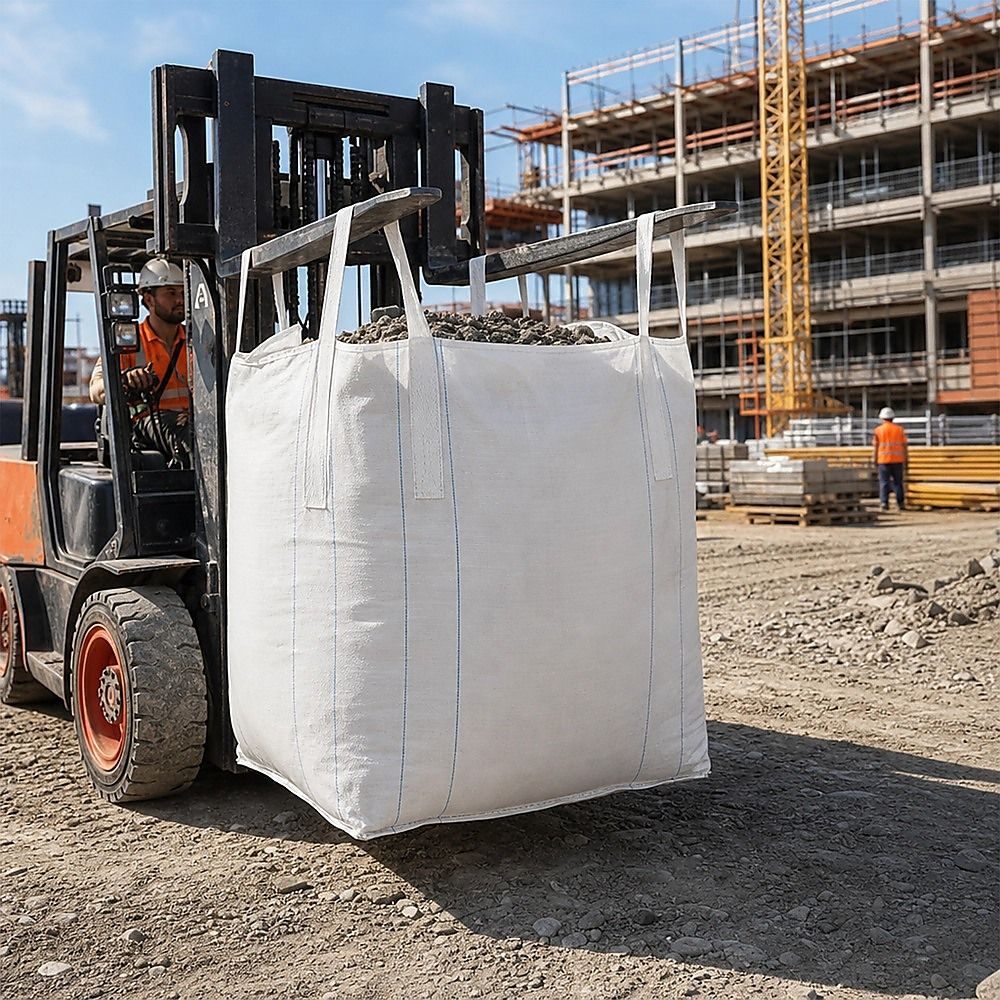 White FIBC bulk bag on site with lifting straps and vertical seam lines