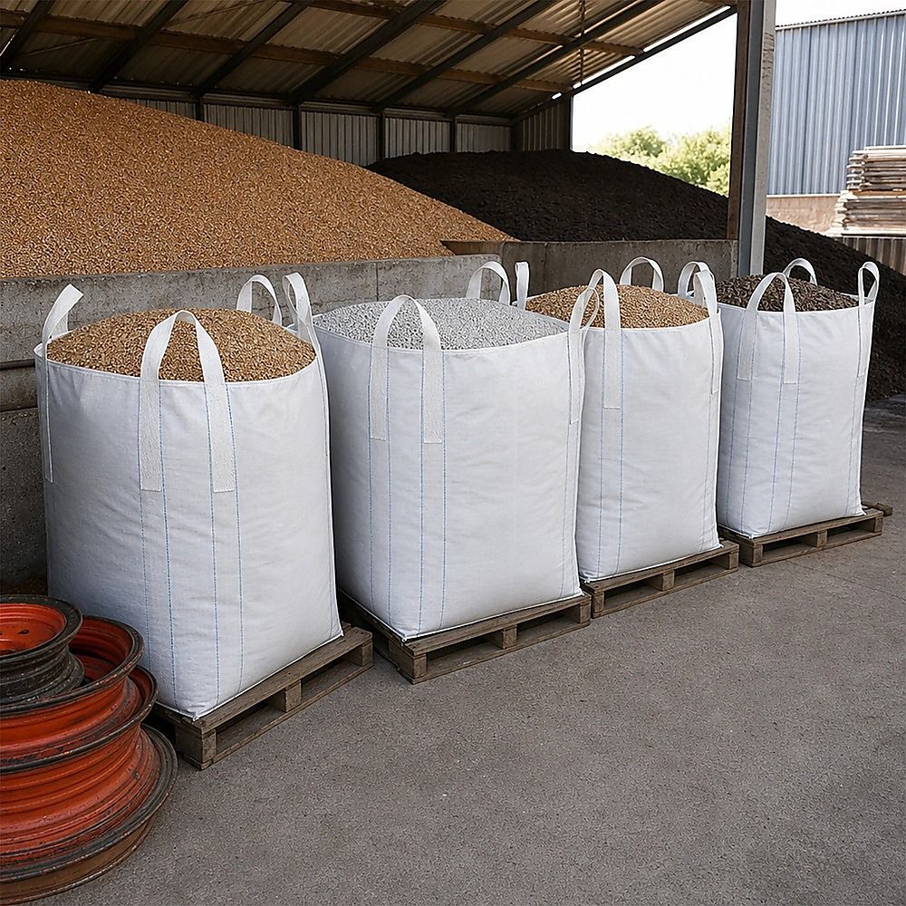 Set of white bulk bags on wooden pallets, each with loop lifting straps