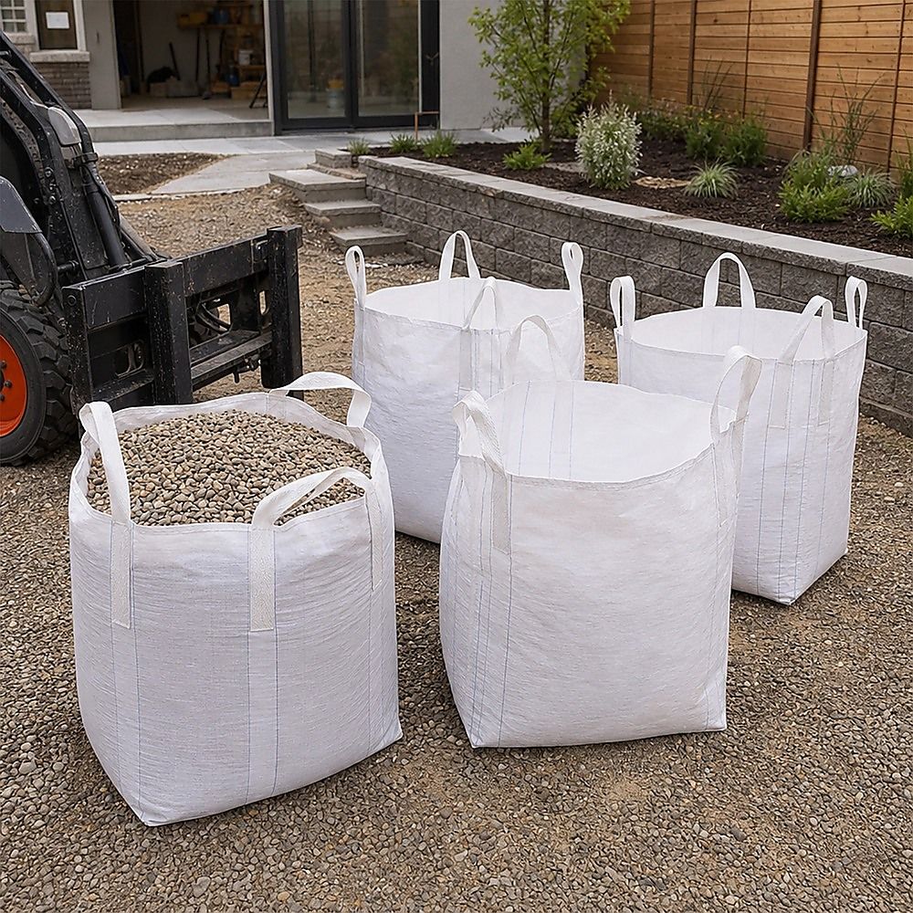 Set of white bulk bags outdoors with loop handles and stitched vertical seams