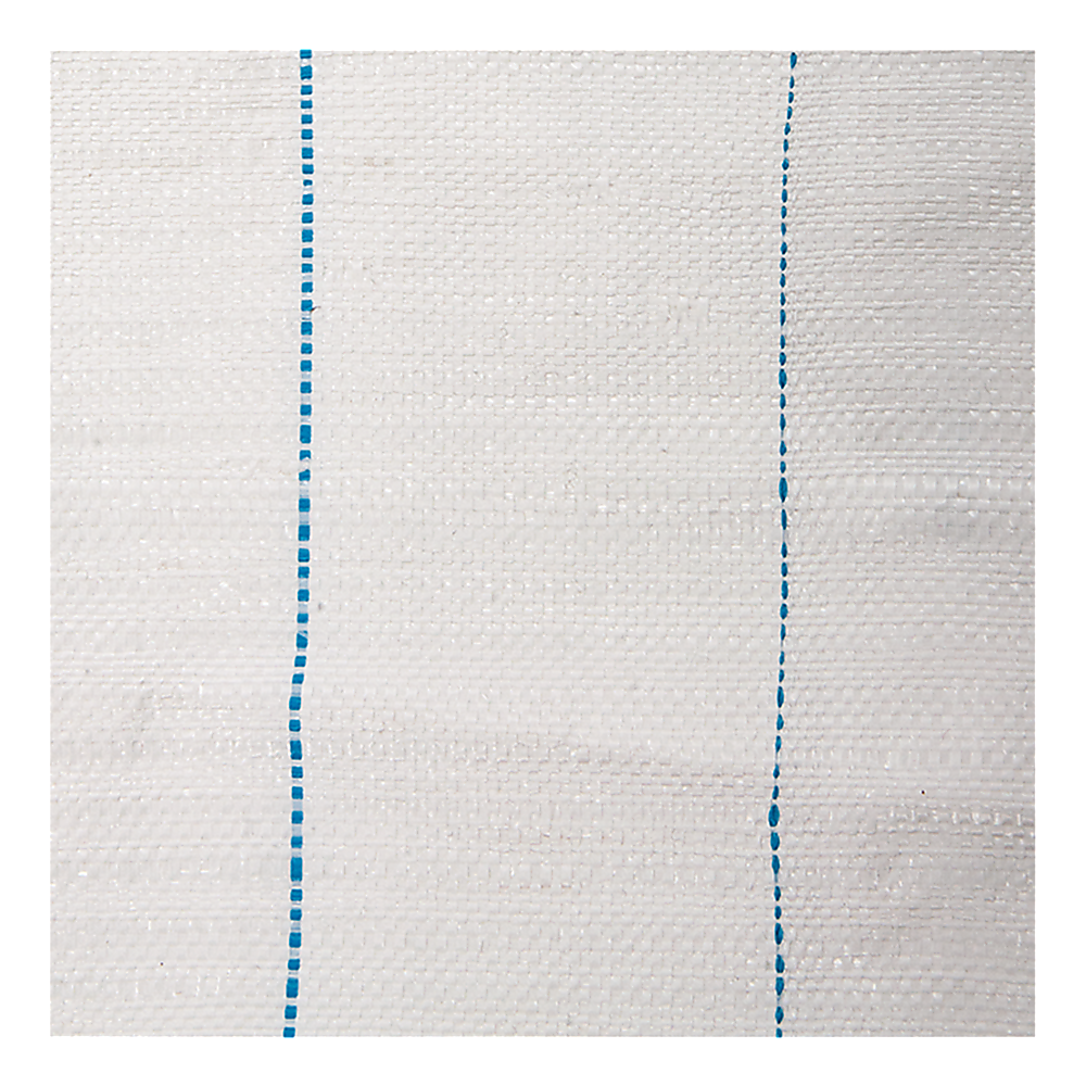 Close-up of white woven polypropylene bulk bag fabric with blue vertical stitch lines