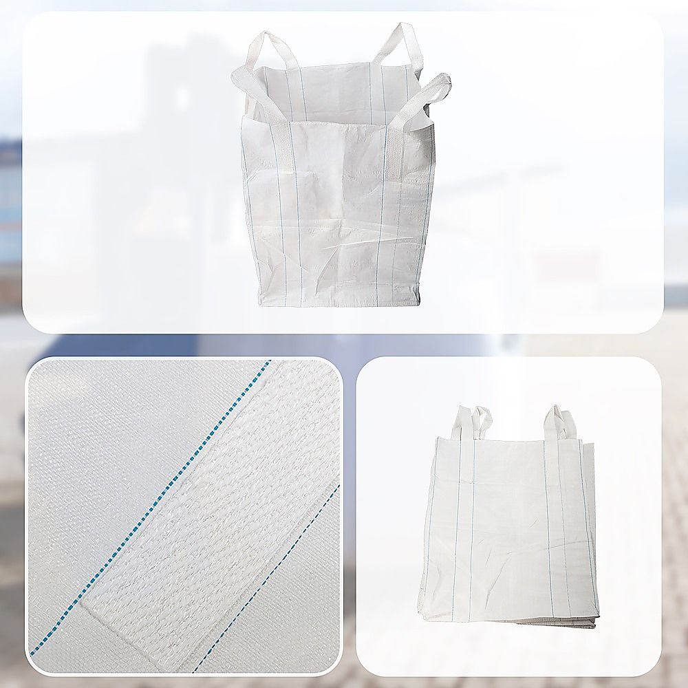 White FIBC bulk bag with lifting straps, shown with fabric weave close-up