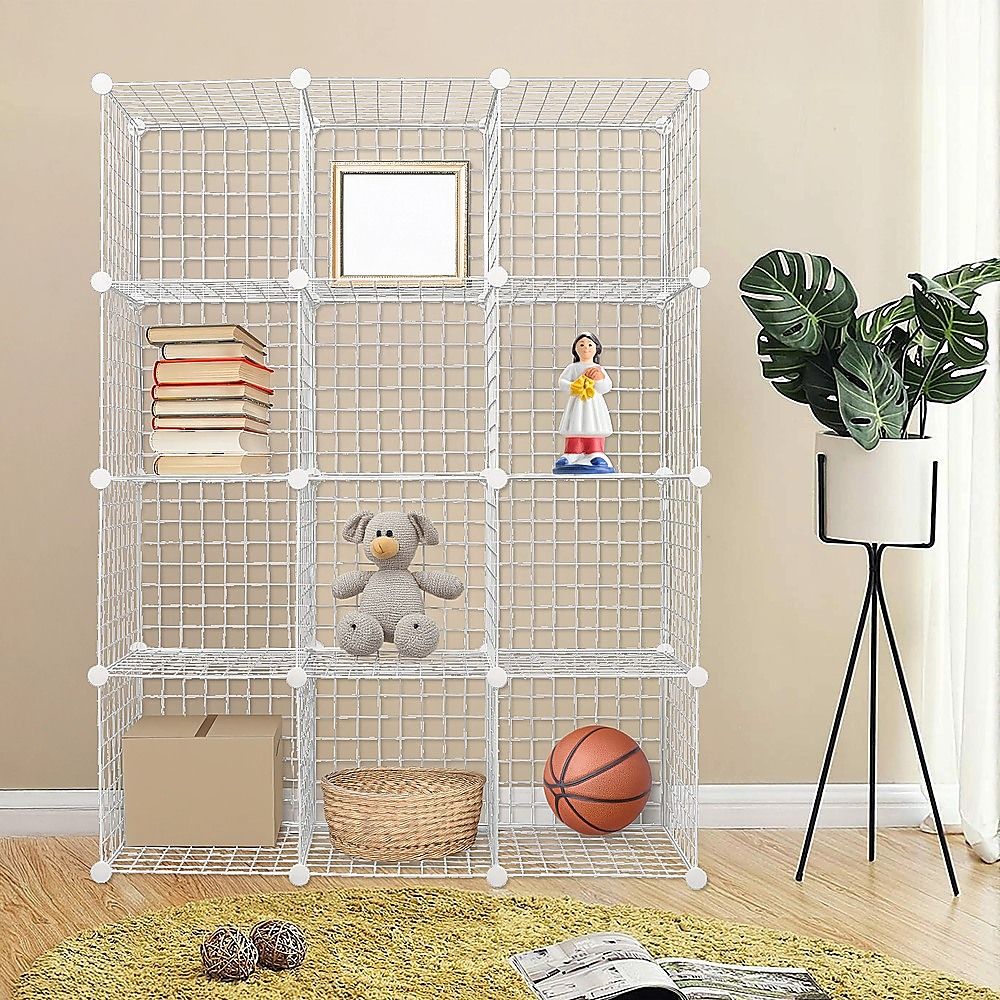 12 Cube Wire Grid Organiser Bookcase Storage Cabinet Wardrobe Closet White Bedworld