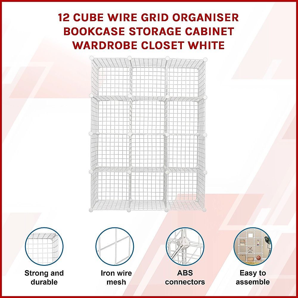 12 Cube Wire Grid Organiser Bookcase Storage Cabinet Wardrobe Closet White Bedworld