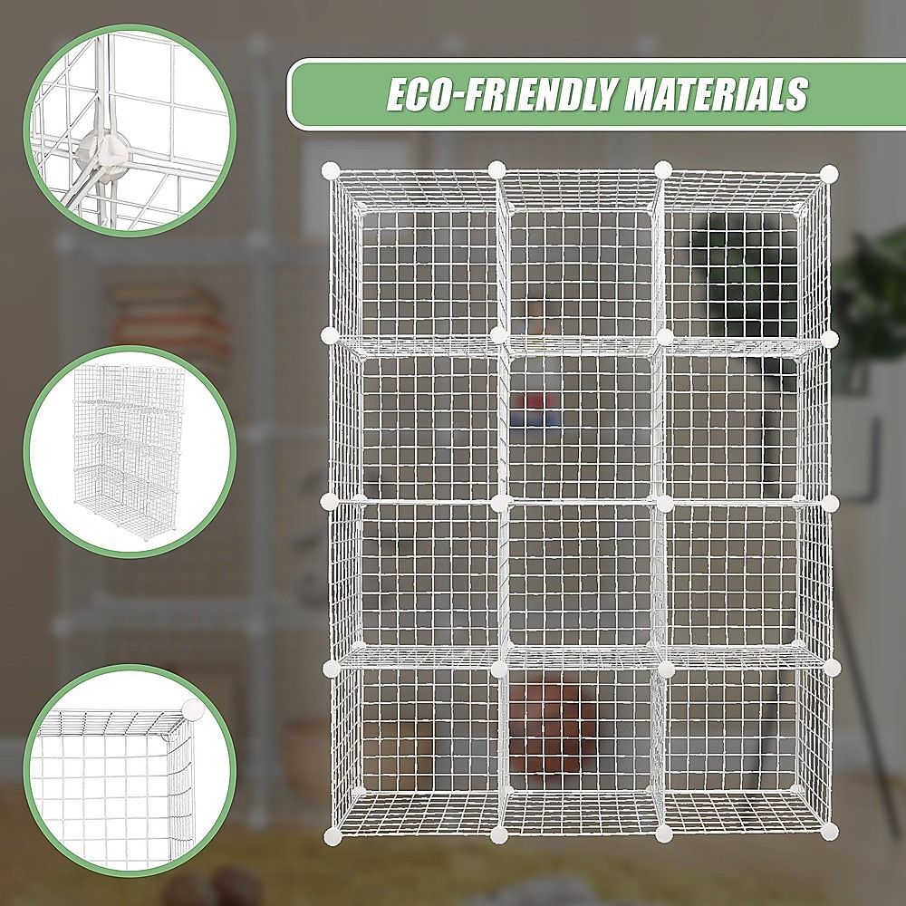 12 Cube Wire Grid Organiser Bookcase Storage Cabinet Wardrobe Closet White Bedworld