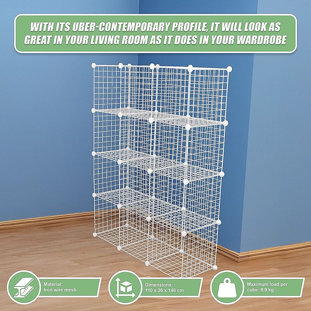 12 Cube Wire Grid Organiser Bookcase Storage Cabinet Wardrobe Closet White Bedworld