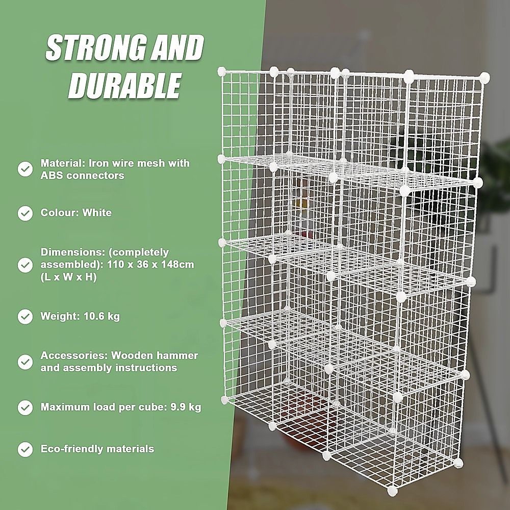 12 Cube Wire Grid Organiser Bookcase Storage Cabinet Wardrobe Closet White Bedworld